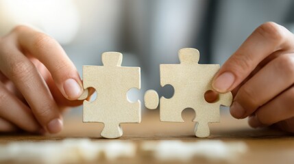 Close-up of hands stacking puzzle pieces, symbolizing employee engagement and problem-solving in a corporate setting