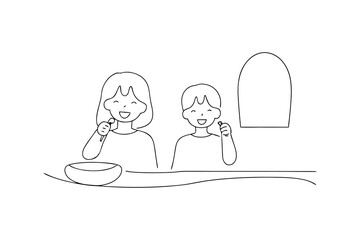Happy children eating meal line drawing illustration