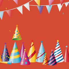 Obraz premium Colorful-Party-Hats-and-Bunting-on-Dark-Background-Fun-Celebration-Festive-Decoration-for-Birthday-Anniversary-or-Holiday-Event-Vector-Illustration
