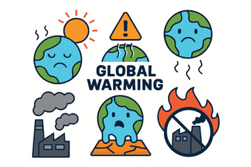 A whimsical illustration of planet earth icons with nature and animal symbols for children's art