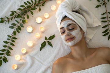 Young woman enjoys relaxing beauty and wellness treatments at a spa, surrounded by flowers