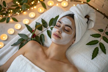Young woman enjoys relaxing spa beauty treatment with natural flowers for healthy skin and body wellness