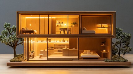 Wooden miniature house model, lit interiors