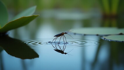 A slender water strider glides effortlessly across the smooth surface of a still pond, creating gentle ripples around its legs.