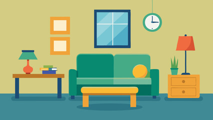 Cartoon living room interior with green sofa, coffee table, lamps, books, potted plant and wall clock in cozy flat style