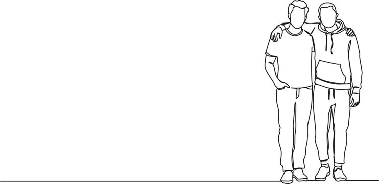 continuous single line drawing of two male friends placing arms around each others shoulders, line art vector illustration