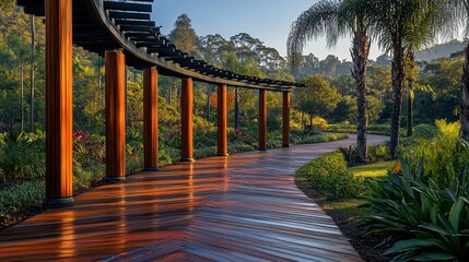 Wooden walkway under a pergola in a lush garden