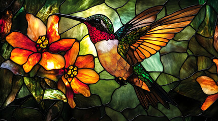 Detailed stained glass hummingbird amidst floral design.
