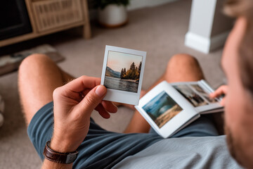Man sitting on the floor holding a printed photo of a landscape and flipping through a photo album, cozy indoor setting with soft natural light