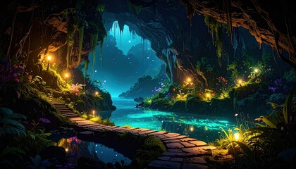 Enchanting Pathway to Hidden Grotto with Bioluminescent Pool