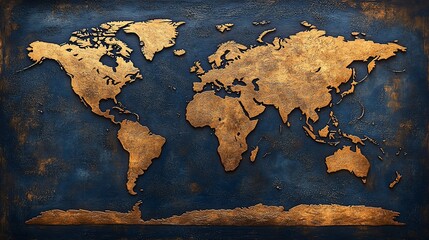 World map, embossed, copper-toned, dark background