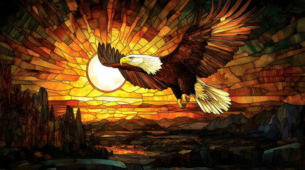 A soaring eagle depicted in a stained glass sunset scene.