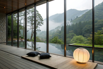 Modern home interior with an empty living room, featuring a large glass window offering a stunning view and ample natural light on the parquet floor