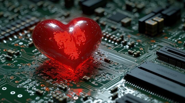 A glowing red heart rests on a complex circuit board, illuminated from within.  Intricate circuitry lines the background, highlighting the contrast between organic and digital elements
