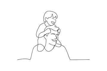 Happy father and son line drawing child on dad's shoulders