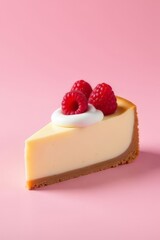 Cheesecake Slice With Raspberries On Pink Background
