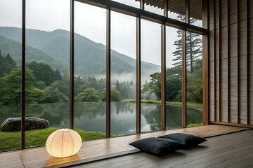 View from a contemporary luxury apartment window, showcasing an empty room with parquet flooring and natural light