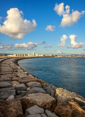 Stone breakwater in bay, Atlantic Ocean coast, Figueira da Foz, Portugal