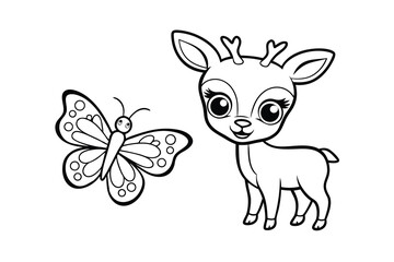 Cute deer and butterfly line drawing coloring page