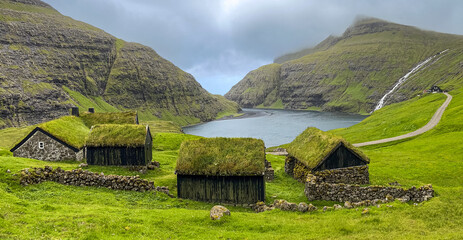 Grass-roofed buildings in Saksun, Faroe Islands