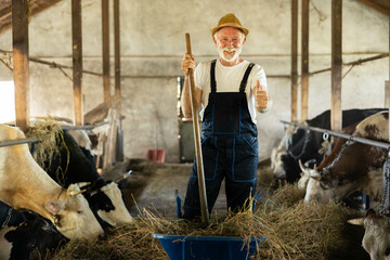 With a thumbs up, the farmer engages with his work in the barn, celebrating the joy of agriculture and livestock management.