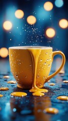 Yellow mug spills liquid