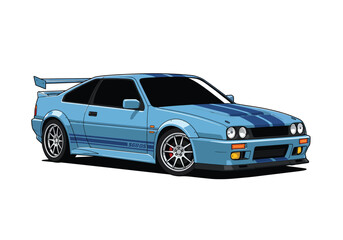 Blue sports car with racing stripes isolated on white background