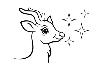 Adorable reindeer fawn line drawing with sparkling stars