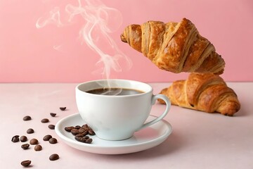 Freshly baked croissant and coffee: a classic breakfast pastry and beverage for a sweet morning meal