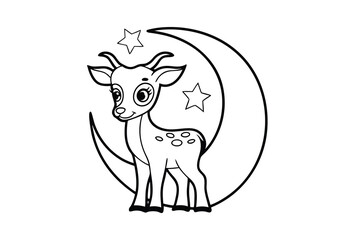 Adorable baby fawn line drawing crescent moon stars night sky