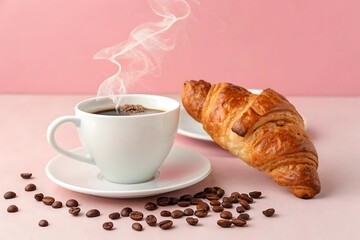 Fresh coffee and a flaky croissant on a white plate are the perfect morning breakfast