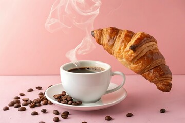 Morning coffee and fresh croissant breakfast