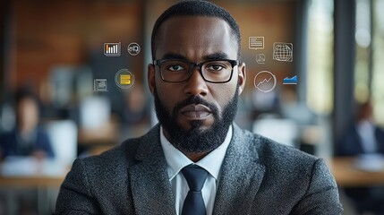 Fototapeta premium Serious businessman in suit, focused expression, overlaid with data icons