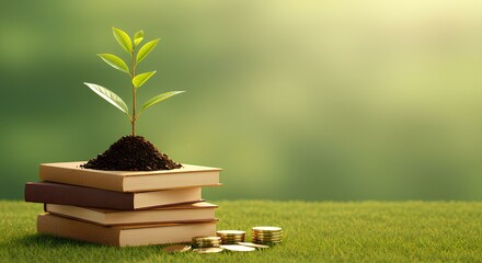 Knowledge & Investment Growth: Plant on Books with Coins - Education, Finance & Future Success Concept