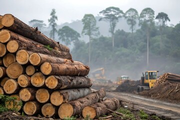 A rustic pile of cut pine logs in a forest under a blue sky, ready for the timber industry or as firewood