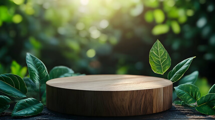 Wooden display podium surrounded by lush greenery.