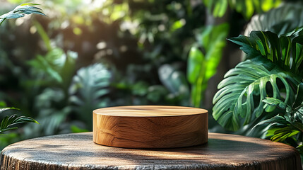 Wooden display podium amidst lush foliage.
