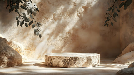 Natural stone pedestal in a sunlit cave-like setting.