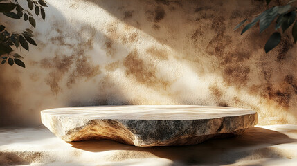Natural stone pedestal display in a sunlit room.