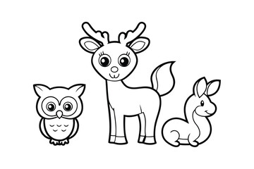 Cute cartoon animals line drawing reindeer owl bunny