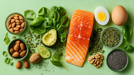 Healthy foods arranged on a pale green surface.