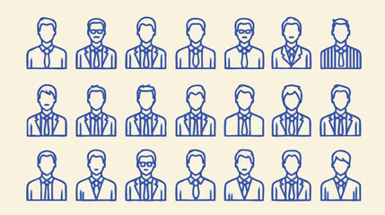 Array of mens suit outline icons with various hairstyles and tie patterns