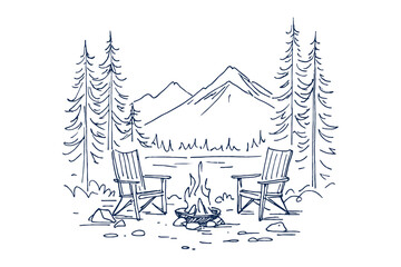 Campfire and chairs in forest mountains sketch vector illustration