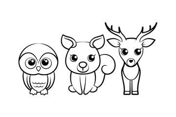 Adorable cartoon animals line drawing owl squirrel deer