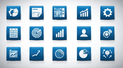 Array of 15 blue squares featuring white businessrelated icons