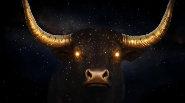 Cosmic bull, dark background, golden horns, glowing eyes, celestial dust