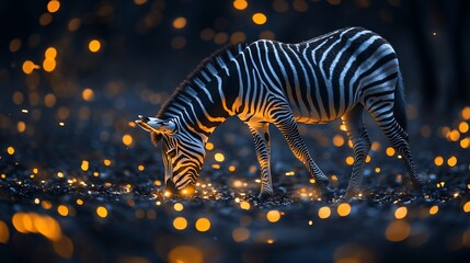 Zebra grazing in a magical night forest