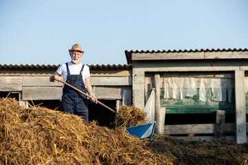 A smiling elderly farmer stands proudly with a pitchfork, showcasing rural pride and the beauty of farm life in a sunny setting.