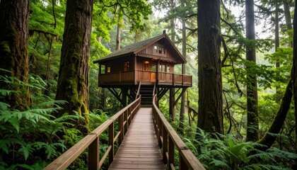 Fototapeta premium Serene Pathway Leading to Secluded Treehouse Among Lush Forest Canopy