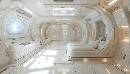 Sleek, white futuristic interior with rounded walls, a bed, and a window displaying a bright light